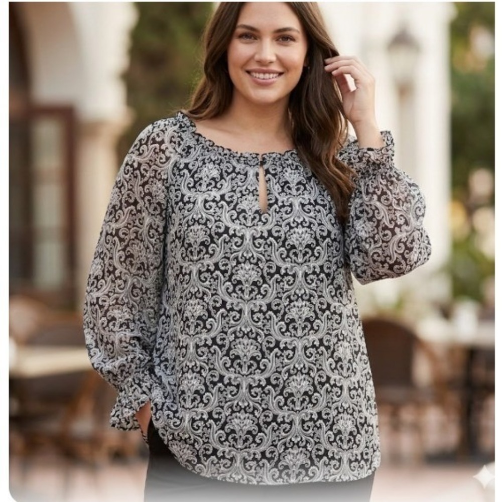Talbots Plus‎ Petite 3XP Black Scroll Print Sheer Blouse Stretchy Ruffle Neck
